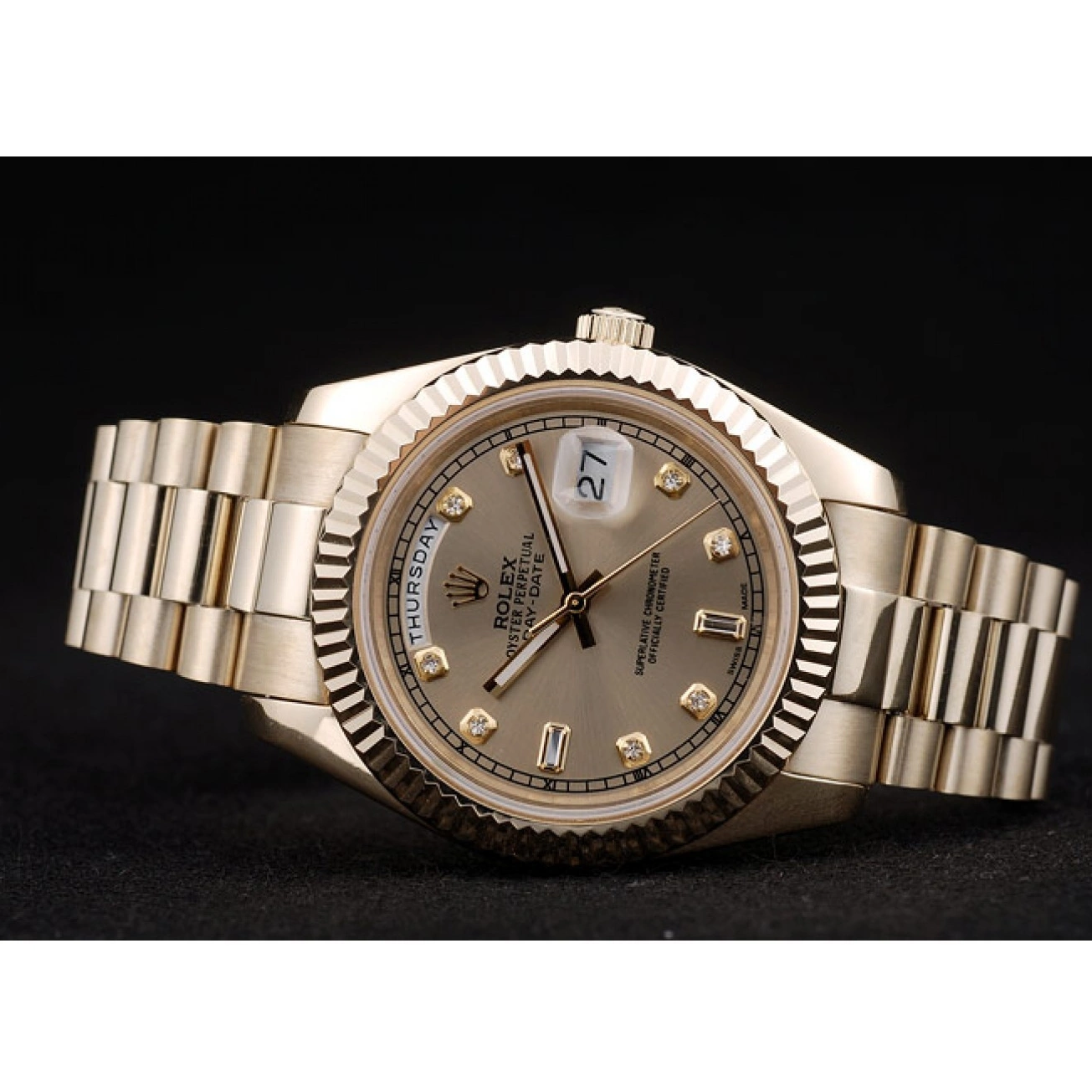 Aaa replica watch Steel Ribbed Swiss Bezel Rolex Gold Dial 41997 Stainless Gold DayDate 0715